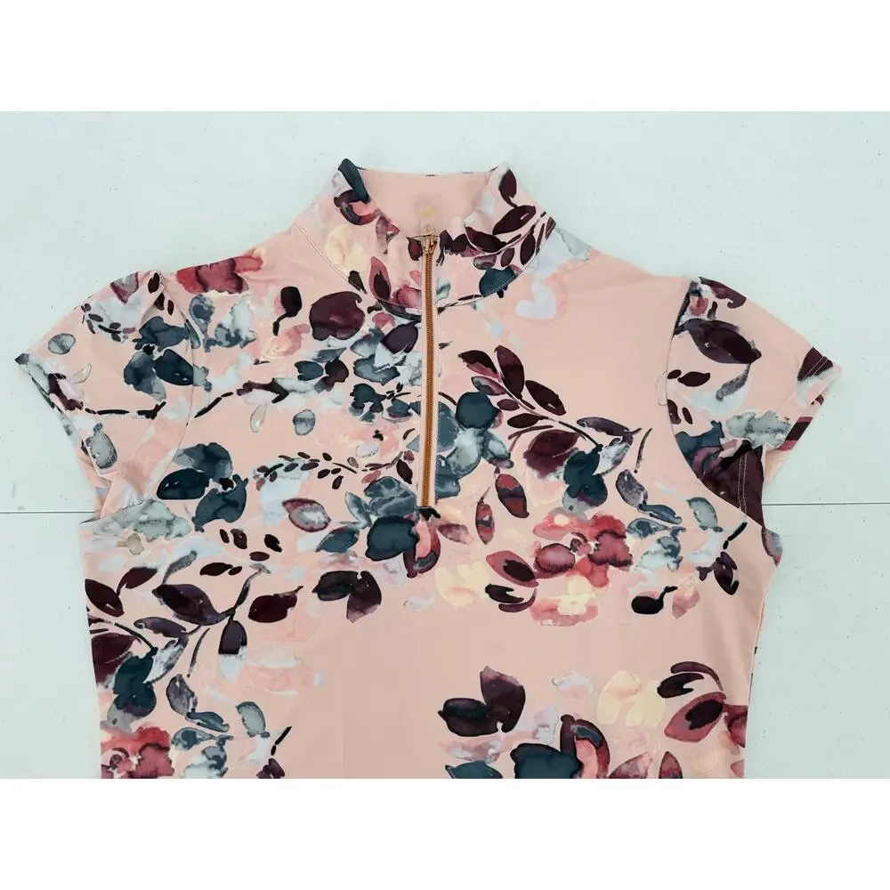 NWT Kastel Sport Cap Sleeve Rose Gold Zip Pearl Blush Watercolor Blouse Size XS - Picture 7 of 13